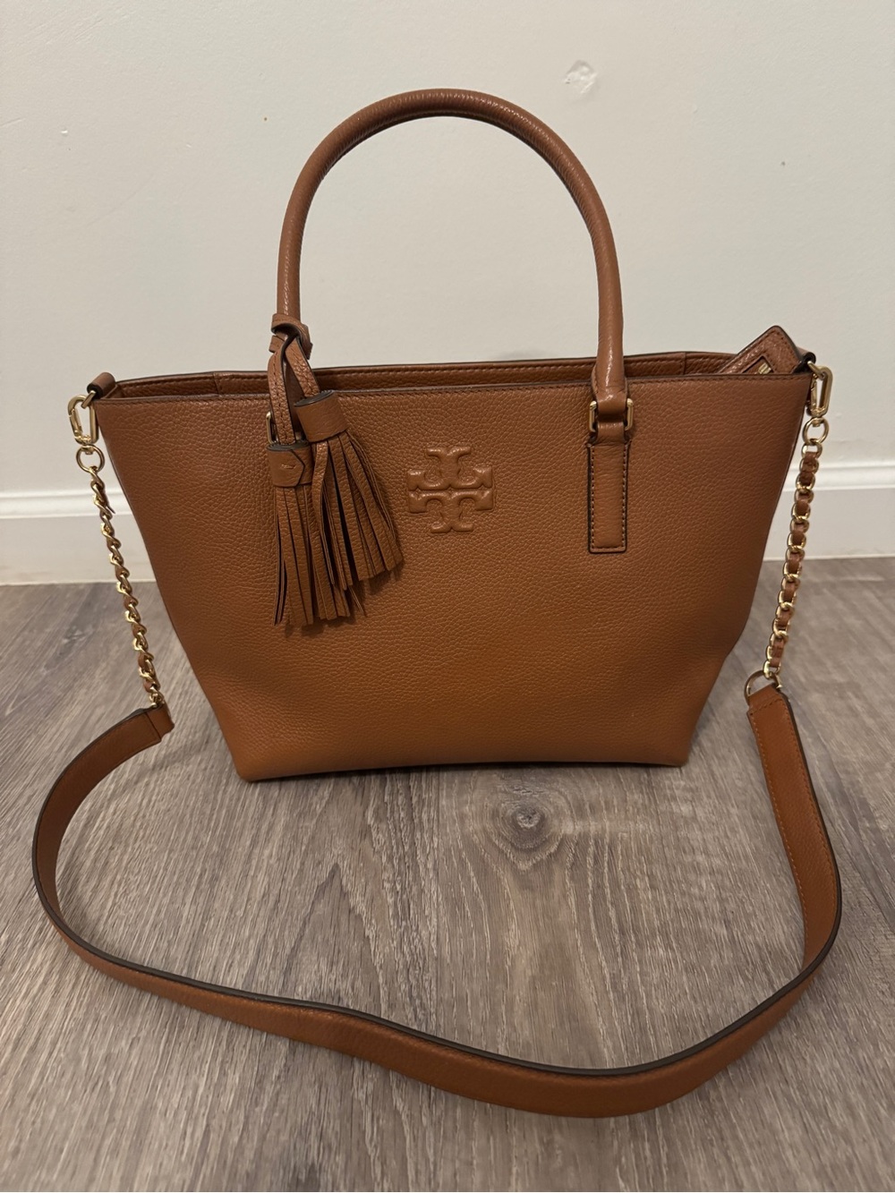 Tory Burch Cognac Pebbled Leather Shoulder Tote with Tassel